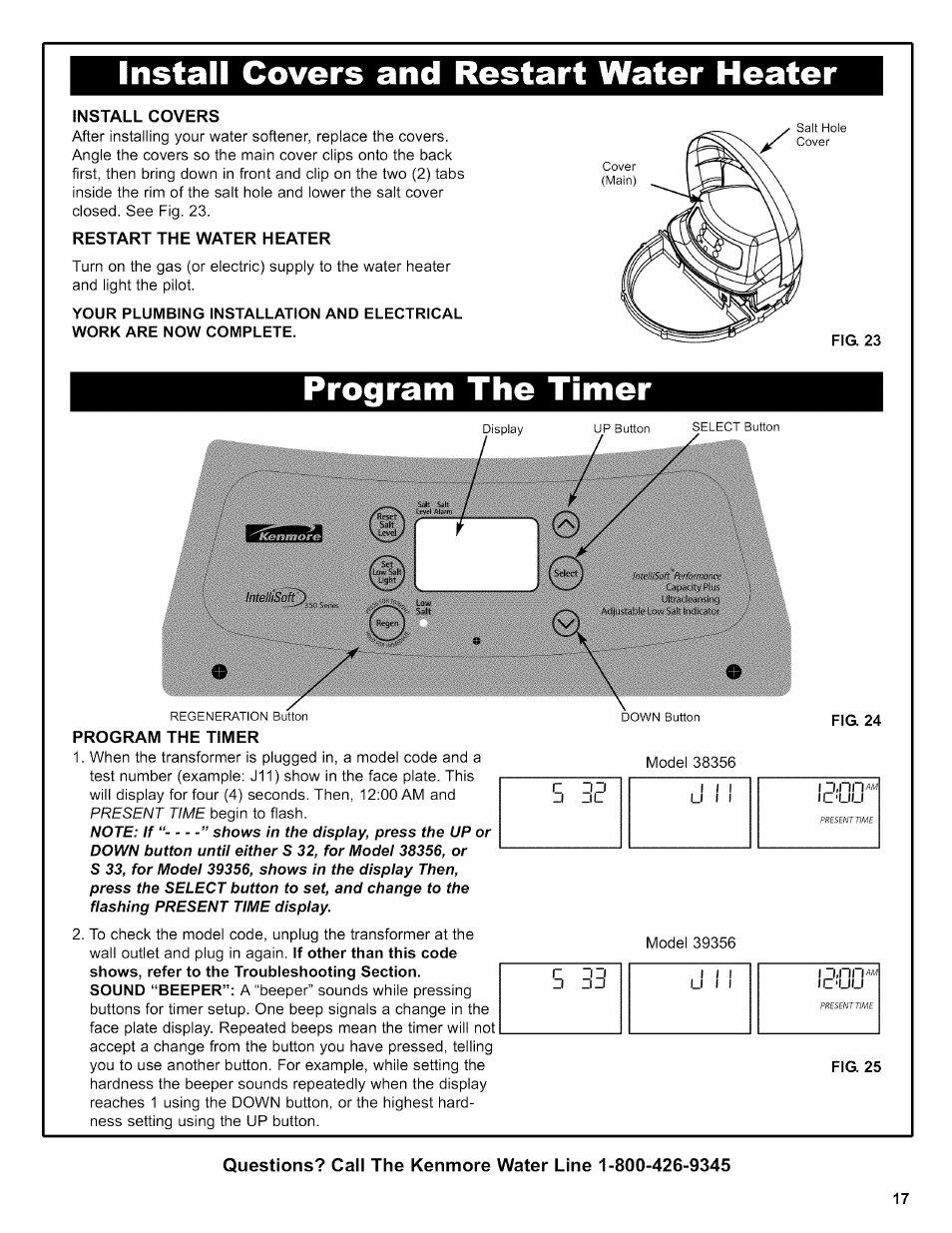 Install covers and restart water heater, Install covers, Restart the water heater | Program the timer, Program the timer -18 | Kenmore 625.38356 User Manual | Page 17 / 48