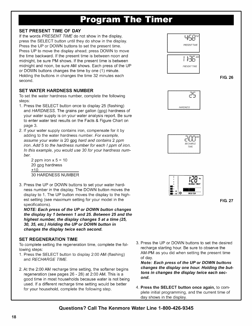 Program the timer, Set present time of day, Set water hardness number | Set regeneration time | Kenmore 625.38356 User Manual | Page 18 / 48