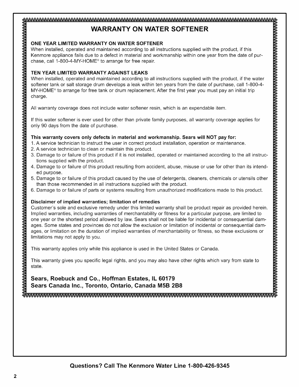 One year limited warranty on water softener, Ten year limited warranty against leaks | Kenmore 625.38356 User Manual | Page 2 / 48