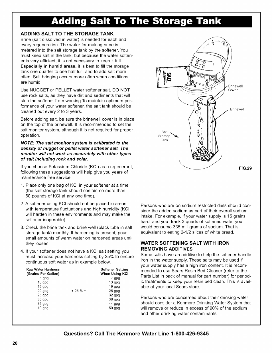 Adding salt to the storage tank, Water softening salt with iron removing additives, Add salt to storage tank | Kenmore 625.38356 User Manual | Page 20 / 48