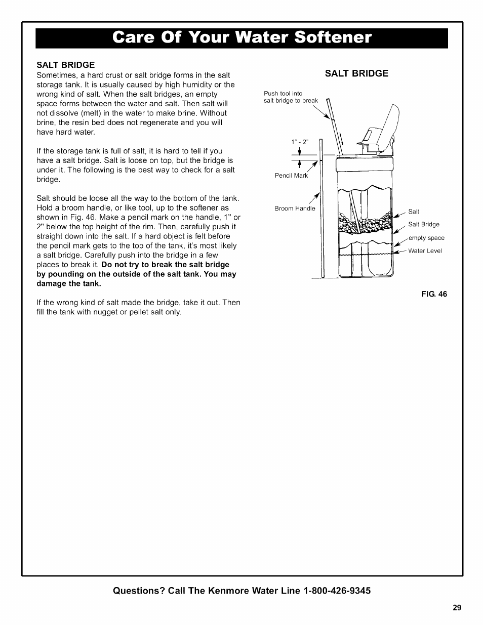 Salt bridge, Care of your water softener | Kenmore 625.38356 User Manual | Page 29 / 48