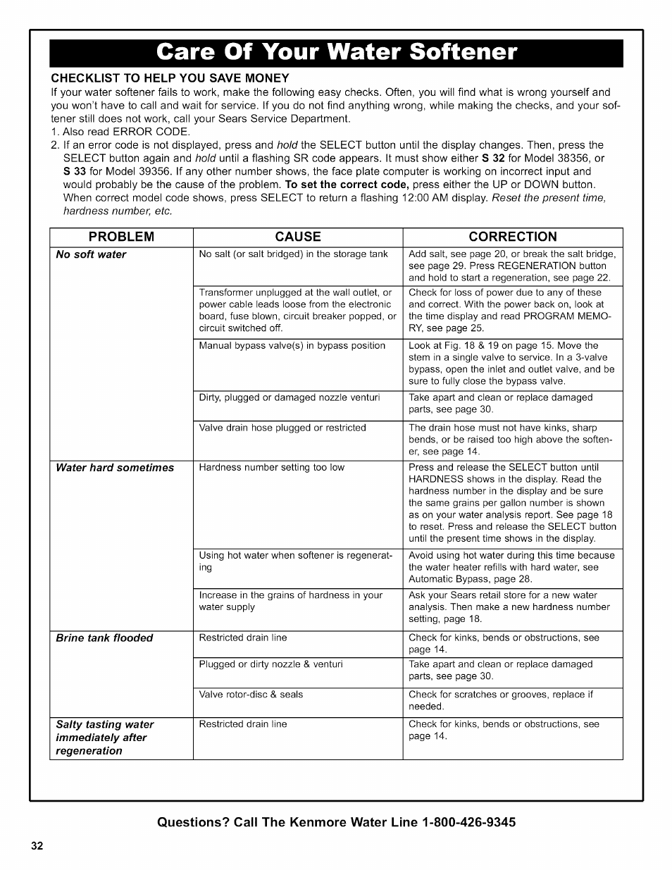 Checklist to help you save money, Care of your water softener | Kenmore 625.38356 User Manual | Page 32 / 48