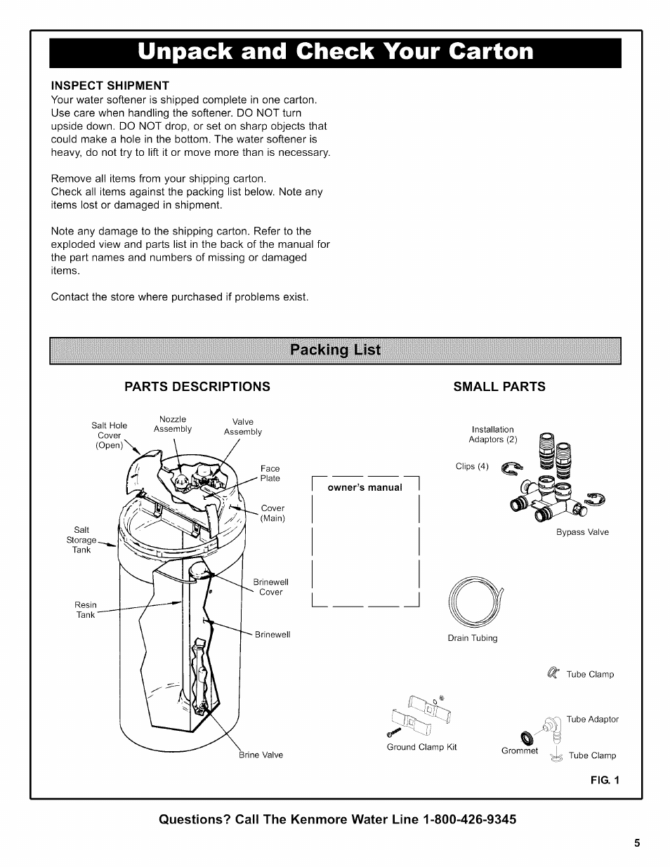 Unpack and check your carton, Inspect shipment, Parts descriptions | Kenmore 625.38356 User Manual | Page 5 / 48