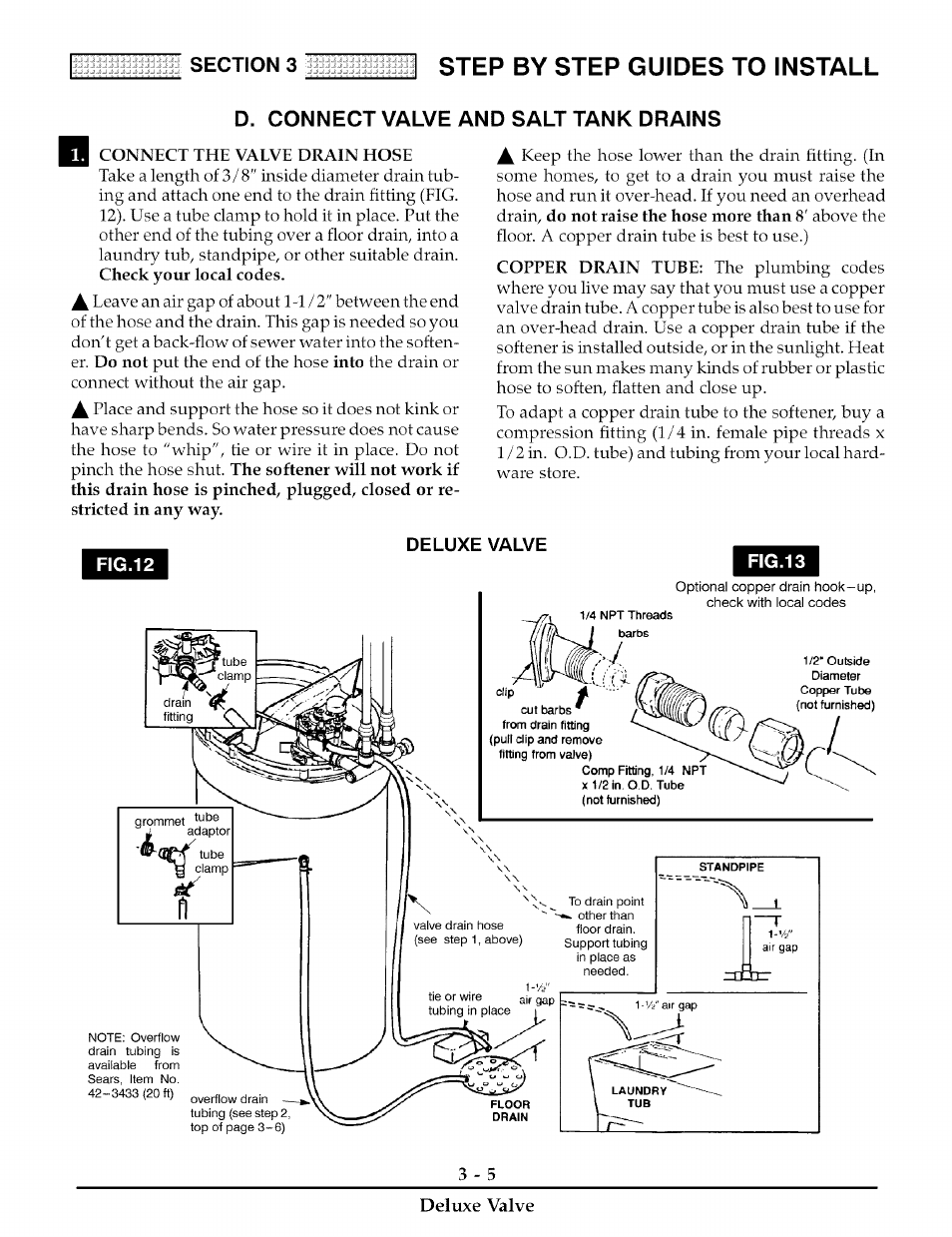 D. connect valve and salt tank drains, Deluxe valve, Step by step guides to install | Deluxe valve fig.12, Fig.13, 5deluxe valve | Kenmore 180 User Manual | Page 16 / 40