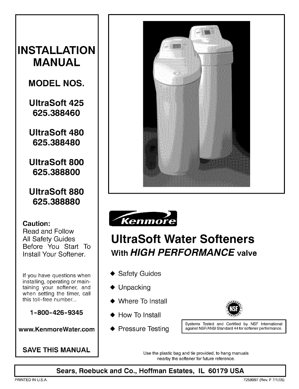 Installation, Manual, Model nos | Ultrasoft 425 625.388460, Ultrasoft 480 625.388480, Ultrasoft 800 625.388800, Ultrasoft 880 625.388880, Ultrasoft water softeners, Installation manual, High performance | Kenmore 180 User Manual | Page 21 / 40