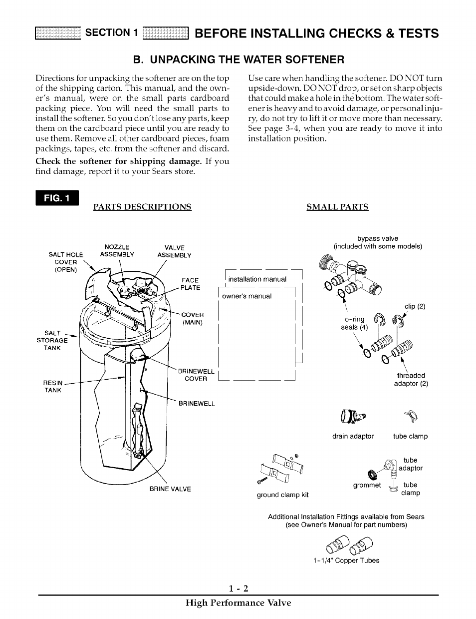 B. unpacking the water softener, B. unpacking the water softener -2, Before installing checks & tests | Kenmore 180 User Manual | Page 25 / 40