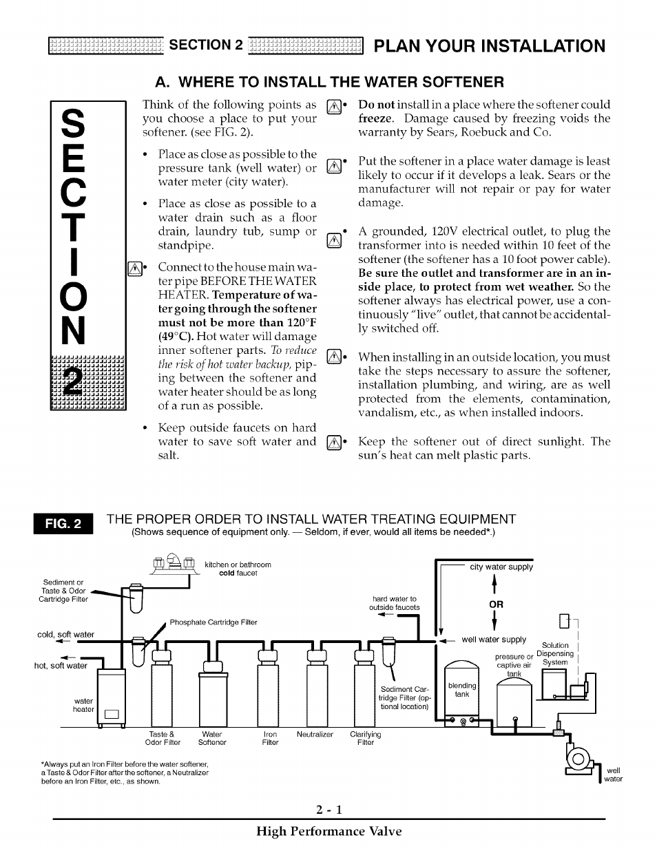 A. where to install the water softener, A. where to install the water softener -1, Ec t i | Kenmore 180 User Manual | Page 27 / 40