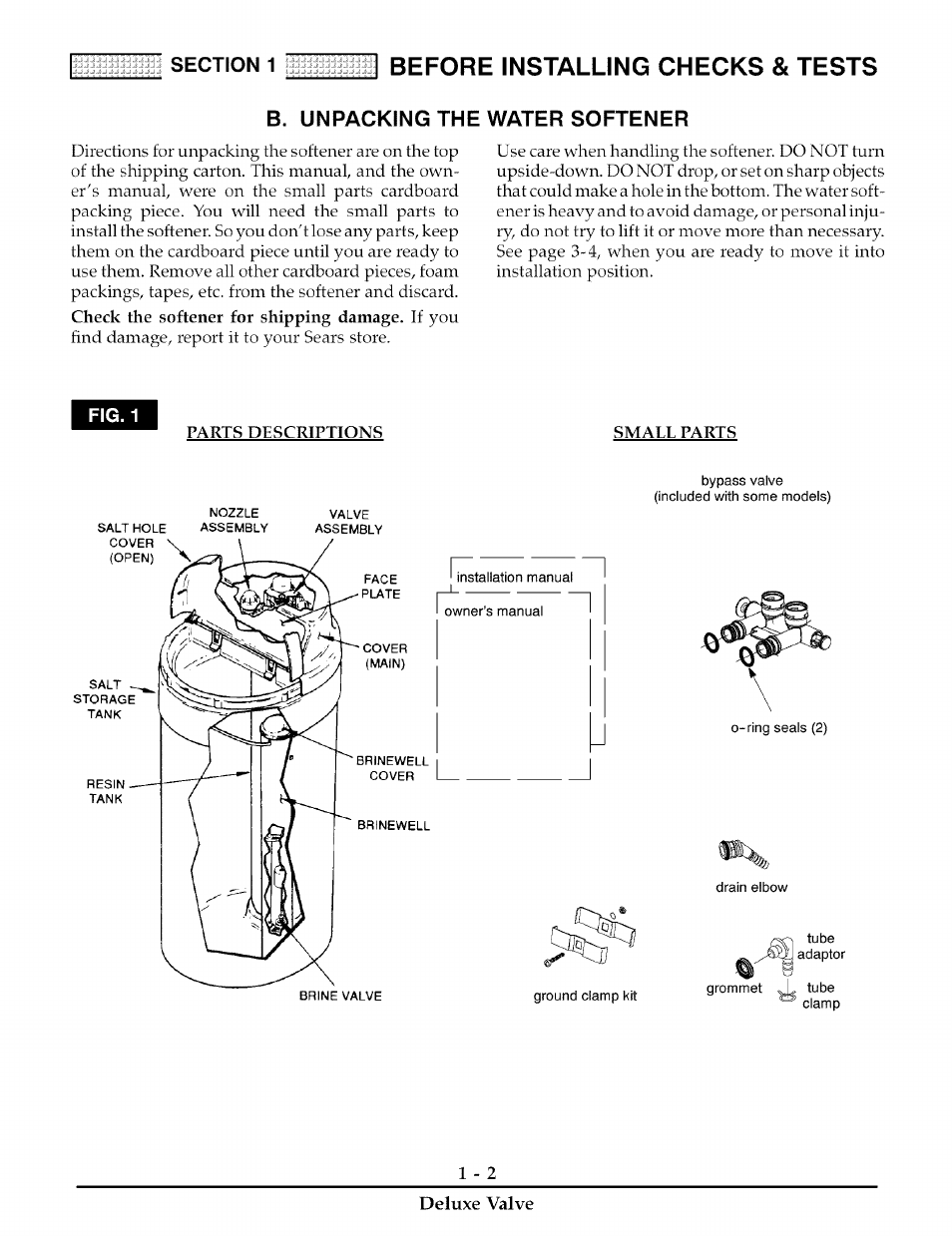 B. unpacking the water softener, B. unpacking the water softener -2, Before installing checks & tests | Kenmore 180 User Manual | Page 5 / 40