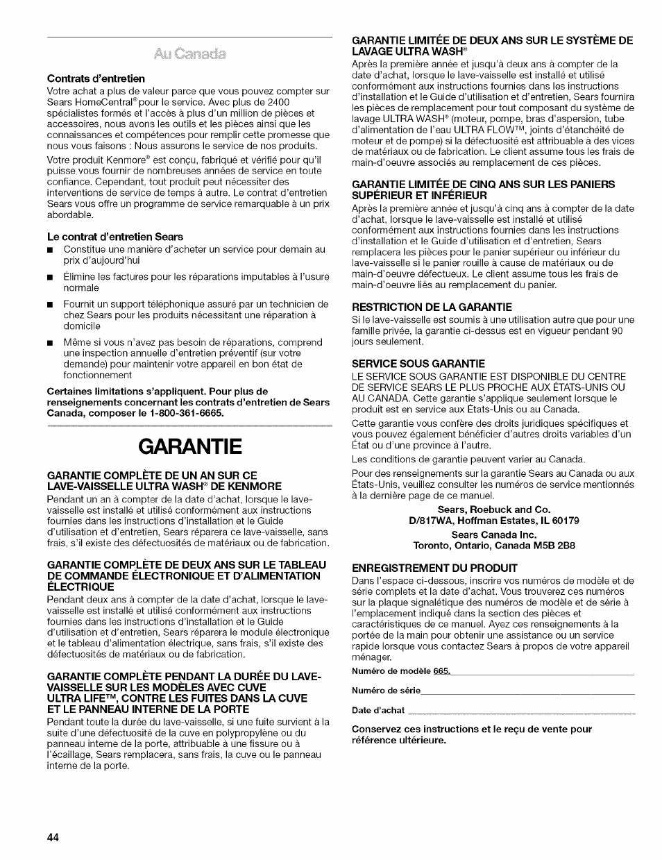 Contrats d’entretien, Le contrat d’entretien sears, Garantie | Restrictiqn de la garantie, Service squs garantie, Enregistrement du prqduit | Kenmore ULTRA WASH 665.1602 User Manual | Page 44 / 64