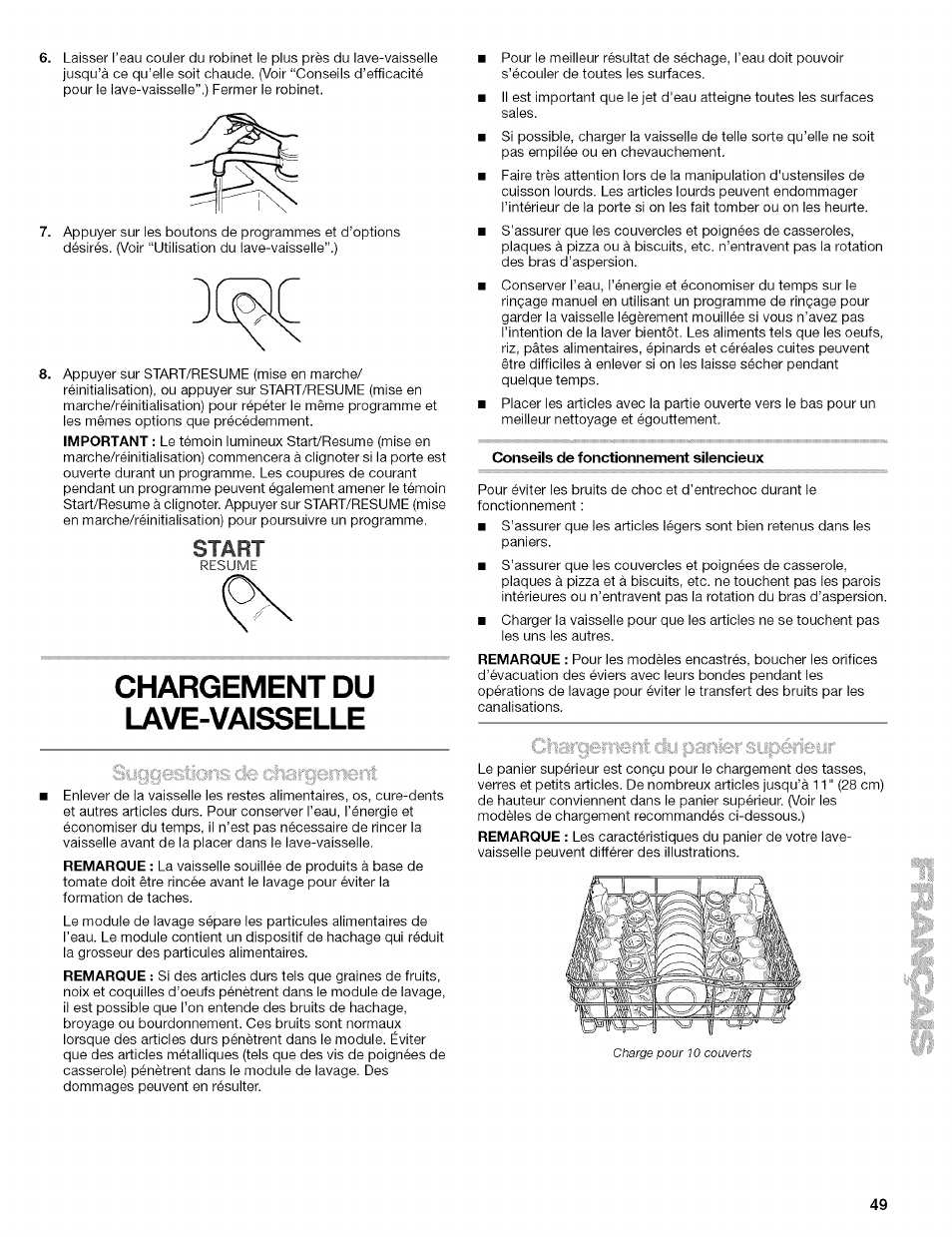 Chargement du lave-vaisselle, Start | Kenmore ULTRA WASH 665.1602 User Manual | Page 49 / 64