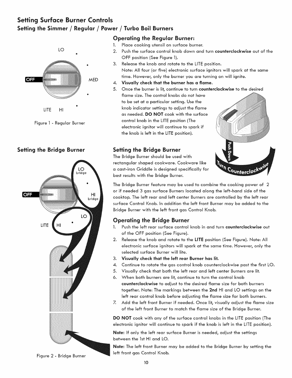 Setting the bridge burner, Operating the regular burner, Operating the bridge burner | Setting surface burner controls | Kenmore ELITE 3233 User Manual | Page 10 / 16