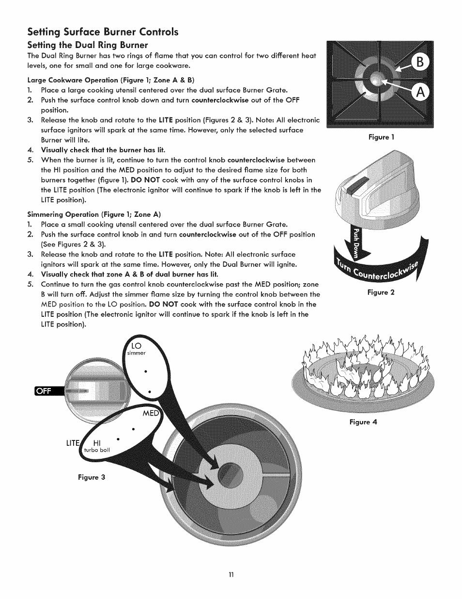 Setting the dual ring burner, Setting surface burner controls | Kenmore ELITE 3233 User Manual | Page 11 / 16
