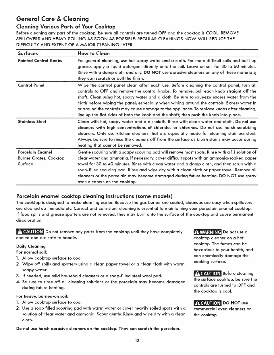 Cleaning various parts of your cooktop, Ik caution, A warning | Cleaning various parts of, Your cooktop, Porcelain enamel cooktop cleaning instructions, General care & cleaning | Kenmore ELITE 3233 User Manual | Page 12 / 16