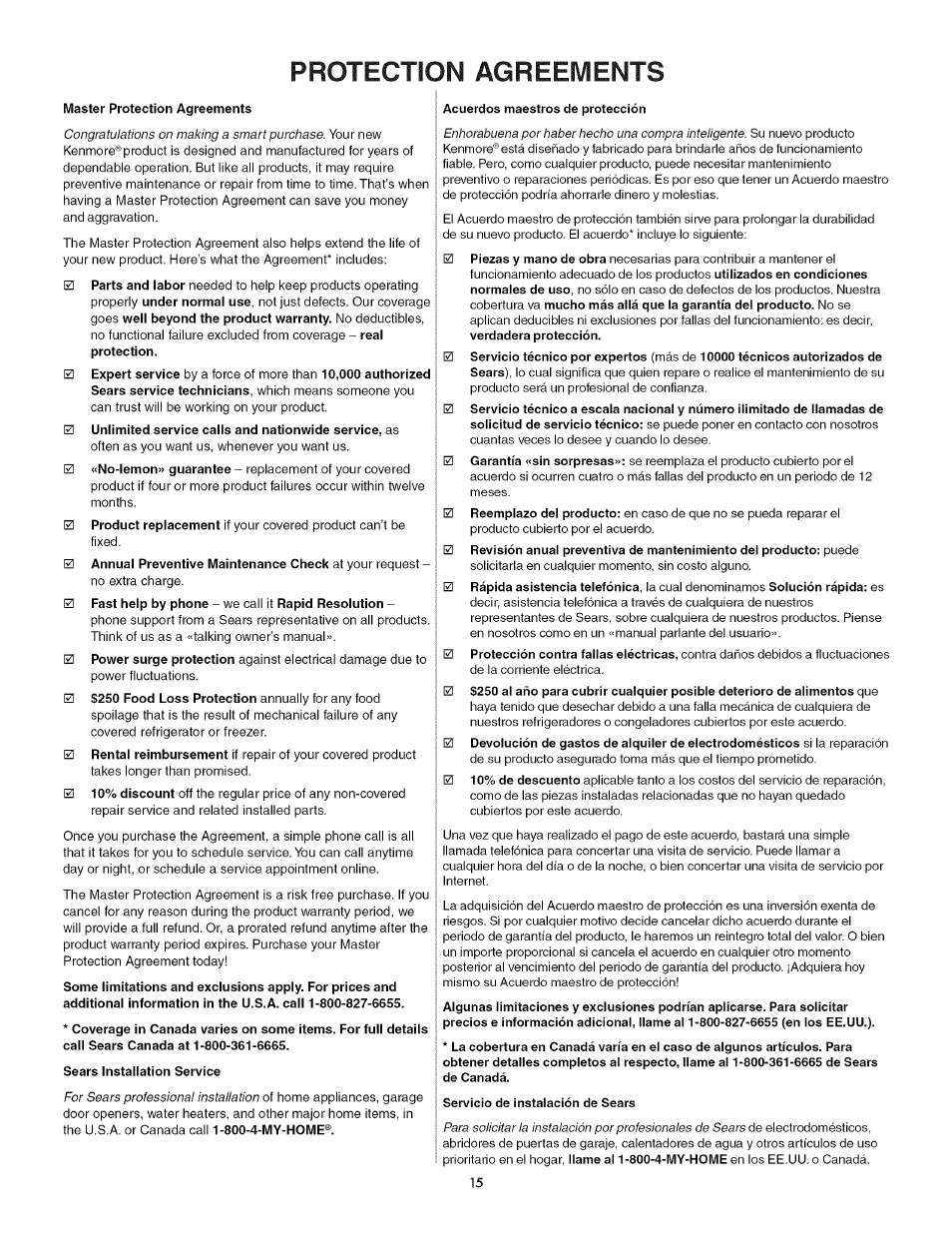 Protection agreeivients | Kenmore ELITE 3233 User Manual | Page 15 / 16