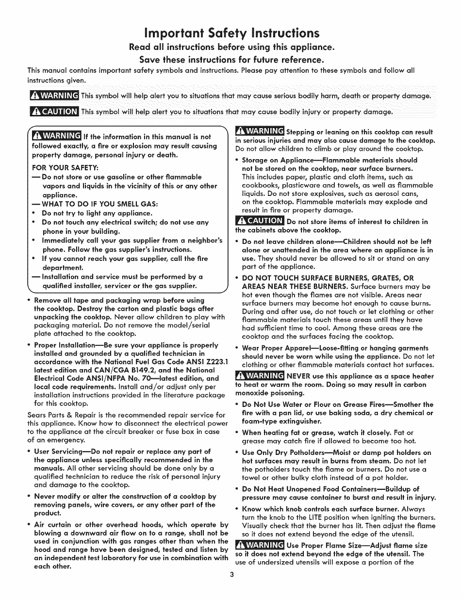 Read ail instructions before using this appliance, Save these instructions for future reference, Important safety instructions | Kenmore ELITE 3233 User Manual | Page 3 / 16