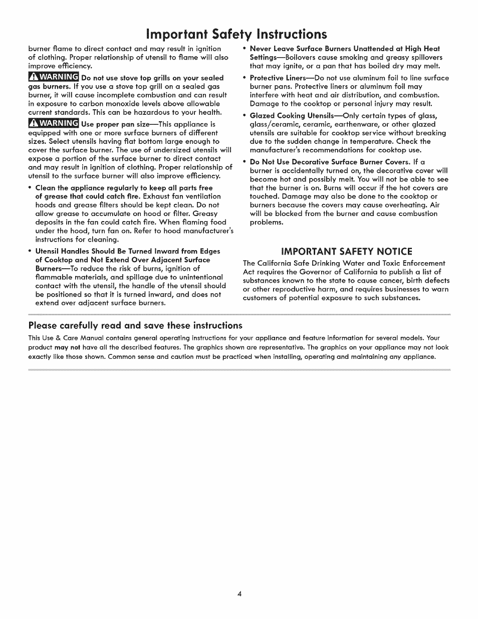 Important safety notice, Please carefully read and save these instructions, Important safety instructions | Kenmore ELITE 3233 User Manual | Page 4 / 16