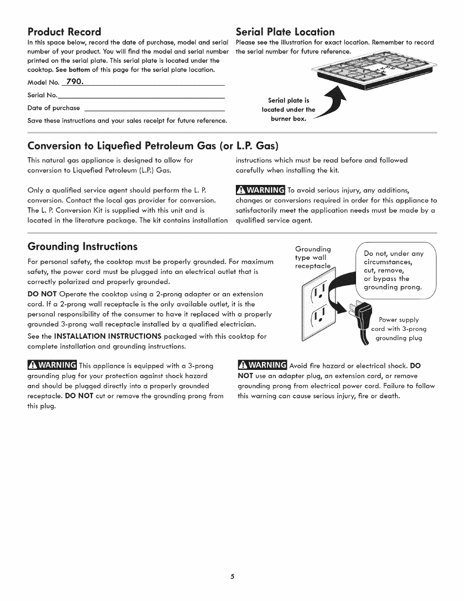 Serial plate location, Grounding instructions, Product record | Kenmore ELITE 3233 User Manual | Page 5 / 16