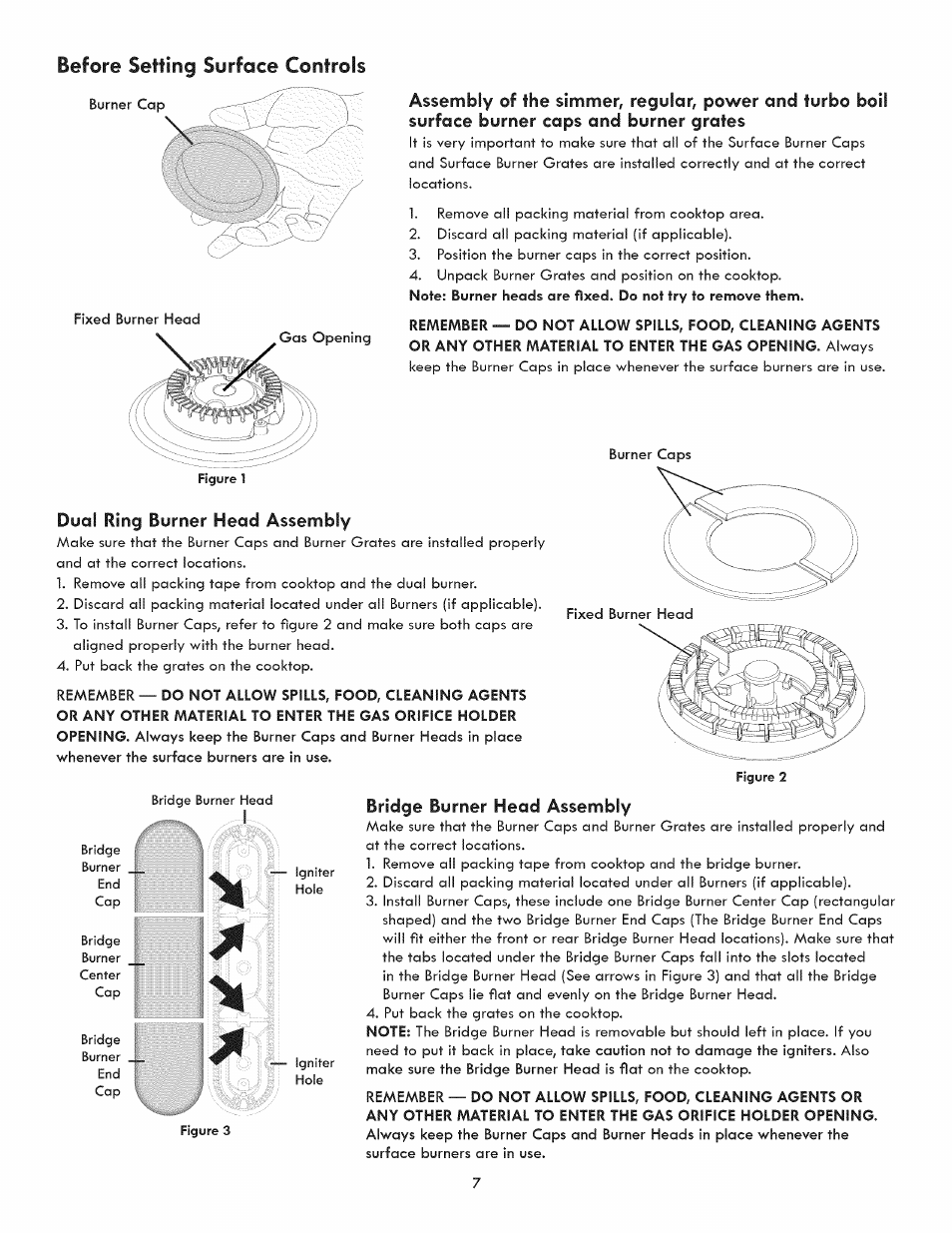 Dual ring burner head assembly, Bridge burner head assembly, Before setting surface controls | Kenmore ELITE 3233 User Manual | Page 7 / 16