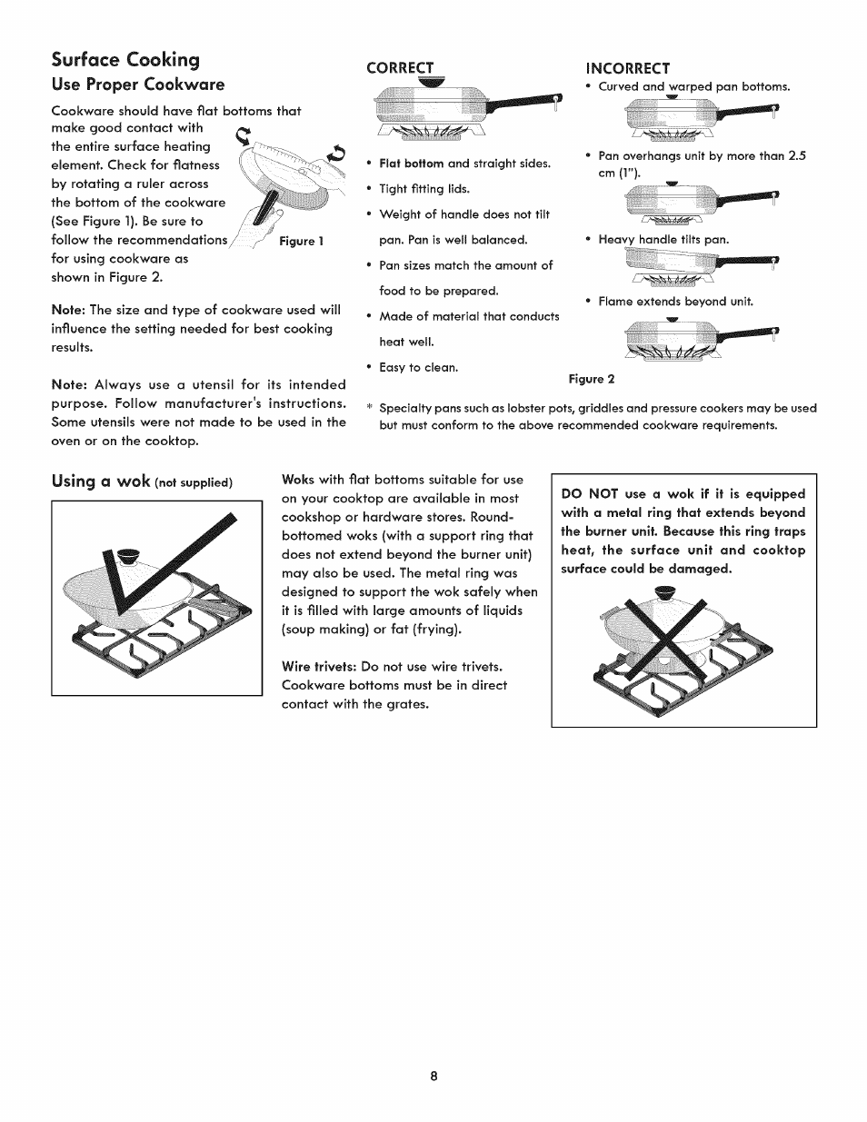 Use proper cookware, Correct, Incorrect | Surface cooking | Kenmore ELITE 3233 User Manual | Page 8 / 16