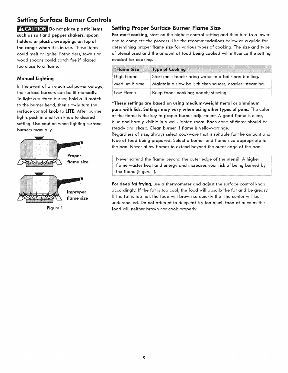 Setting proper surface burner flame size, Setting surface burner controls | Kenmore ELITE 3233 User Manual | Page 9 / 16