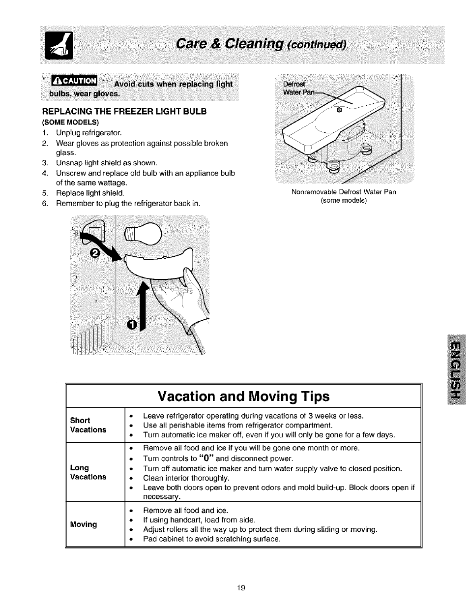 Avoid cuts when replacing light bulbs, wear gloves, Replacing the freezer light bulb, Vacation and moving tips | Kenmore 2533184010C User Manual | Page 19 / 20