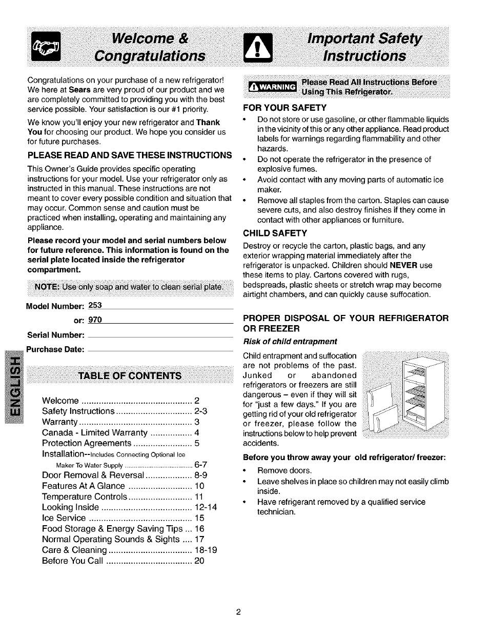 Welcome & congratulations | Kenmore 2533184010C User Manual | Page 2 / 20
