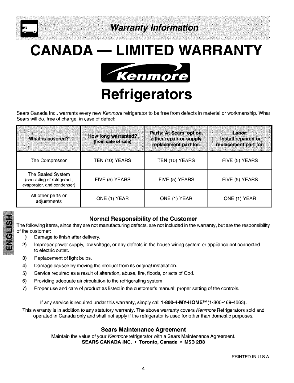 Warranty information, Canada, Limited warranty | Refrigerators, Kenmorg | Kenmore 2533184010C User Manual | Page 4 / 20