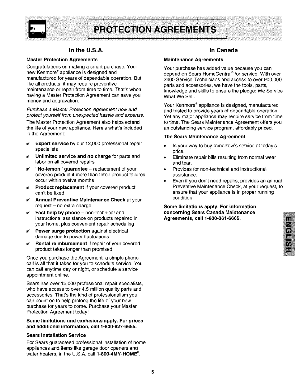 In the u.s.a, Sears installation service, In canada | Protection agreements | Kenmore 2533184010C User Manual | Page 5 / 20