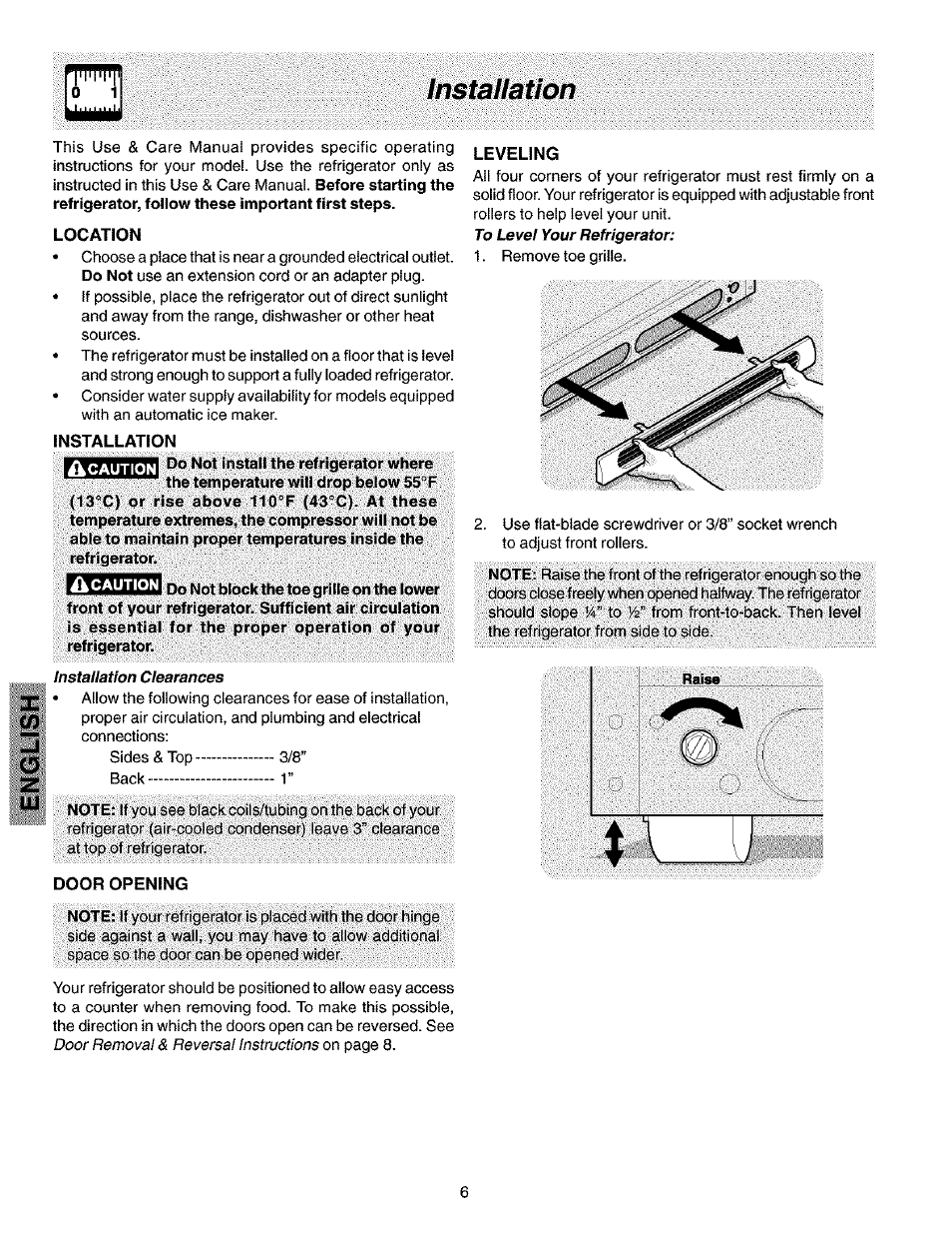 The refrigeratori, Note, Installation | Kenmore 2533184010C User Manual | Page 6 / 20