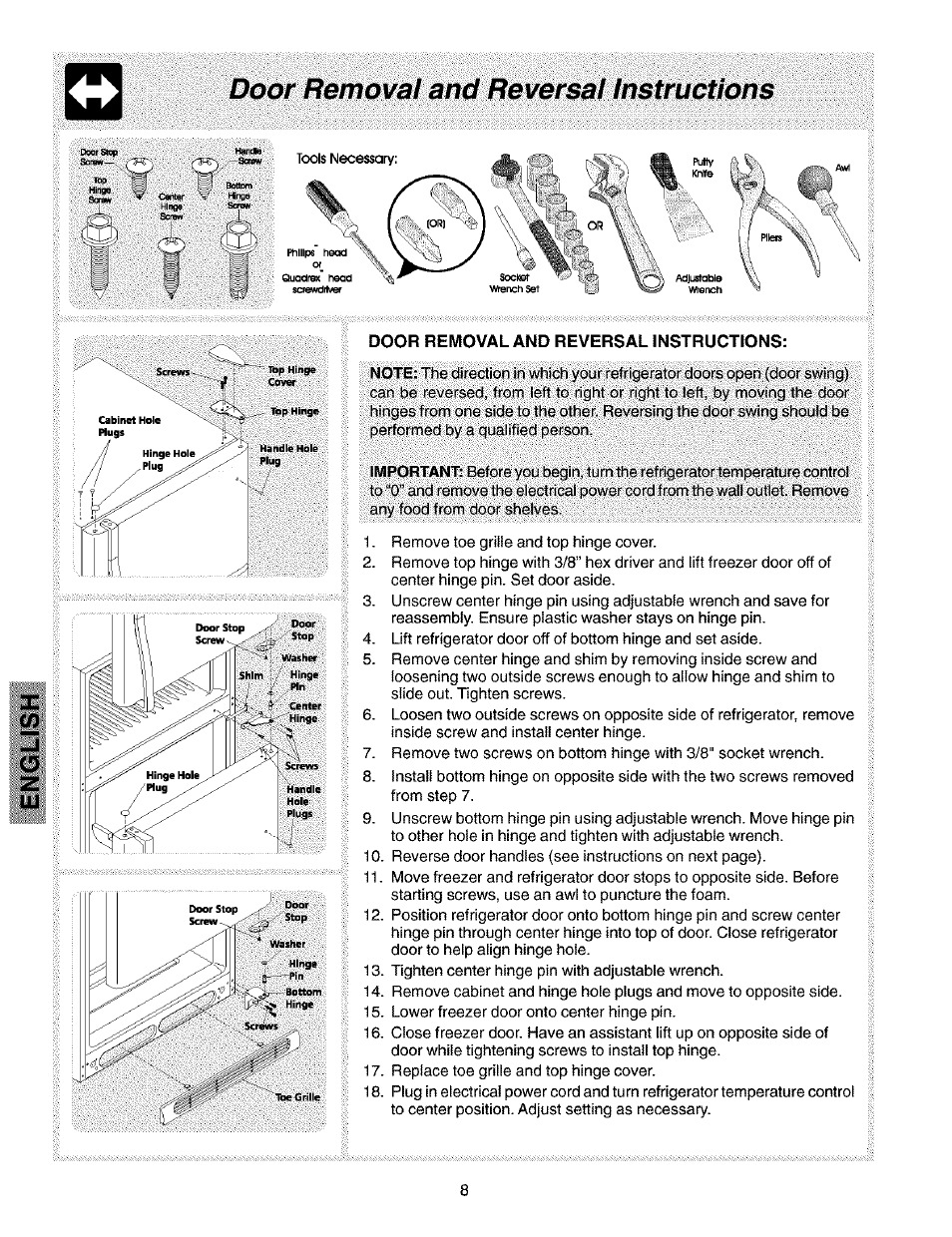 Door removal and reversal instructions | Kenmore 2533184010C User Manual | Page 8 / 20