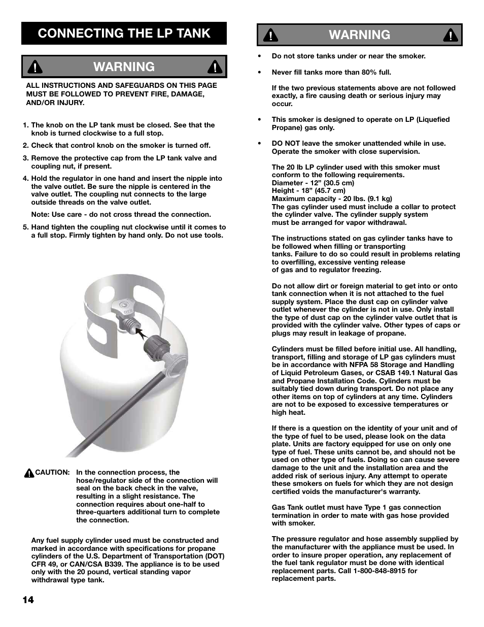 Connecting the lp tank warning, Warning | Kenmore 125.15884801 User Manual | Page 14 / 40