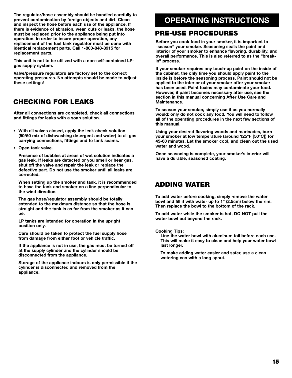 Operating instructions, Pre-use procedures adding water, Checking for leaks | Kenmore 125.15884801 User Manual | Page 15 / 40