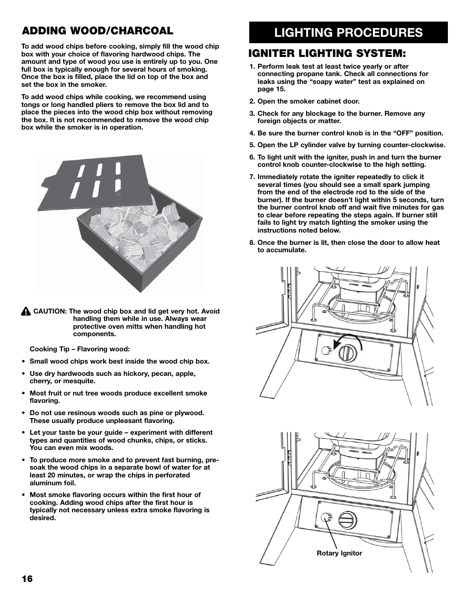 Lighting procedures, Igniter lighting system: adding wood/charcoal | Kenmore 125.15884801 User Manual | Page 16 / 40