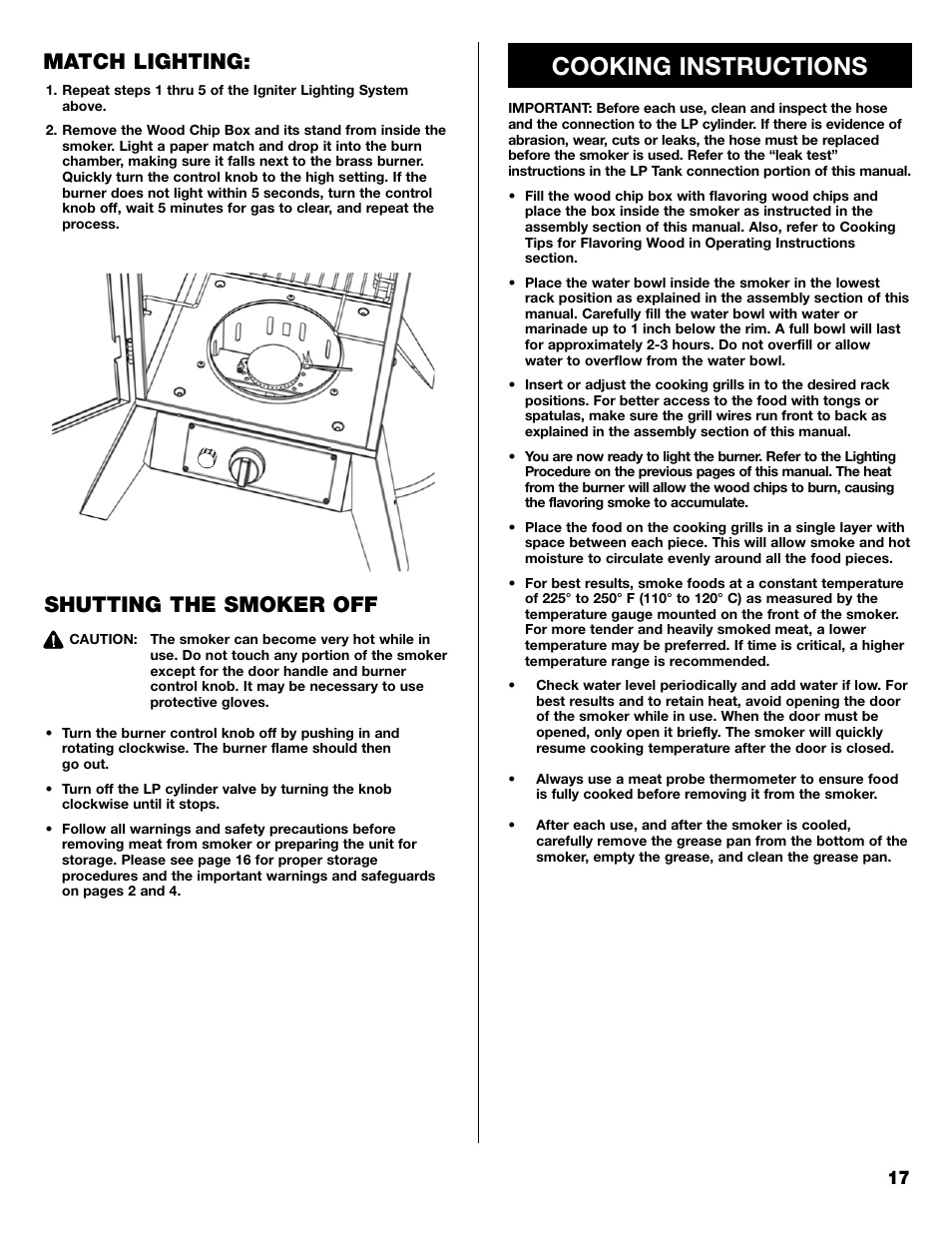 Cooking instructions, Shutting the smoker off, Match lighting | Kenmore 125.15884801 User Manual | Page 17 / 40