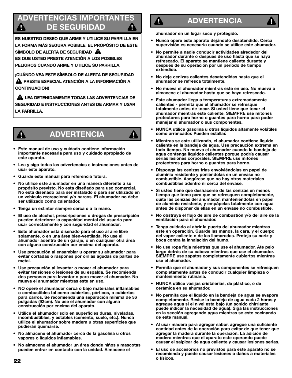 Advertencia, Advertencia advertencias importantes de seguridad | Kenmore 125.15884801 User Manual | Page 22 / 40