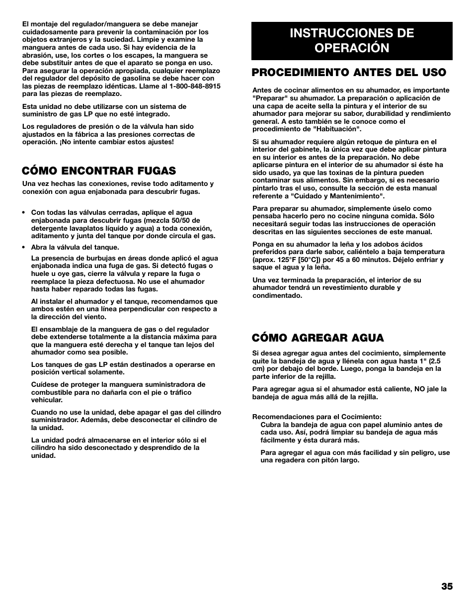 Instrucciones de operación, Procedimiento antes del uso cómo agregar agua, Cómo encontrar fugas | Kenmore 125.15884801 User Manual | Page 35 / 40
