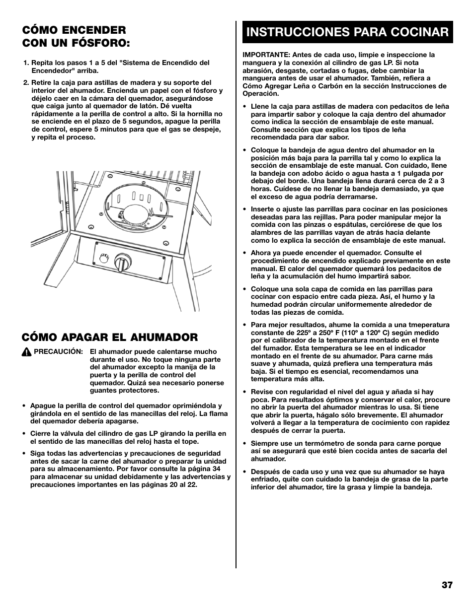 Instrucciones para cocinar, Cómo apagar el ahumador, Cómo encender con un fósforo | Kenmore 125.15884801 User Manual | Page 37 / 40