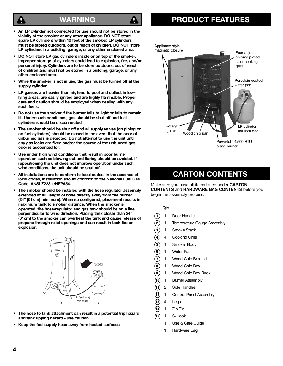 Warning carton contents, Product features | Kenmore 125.15884801 User Manual | Page 4 / 40