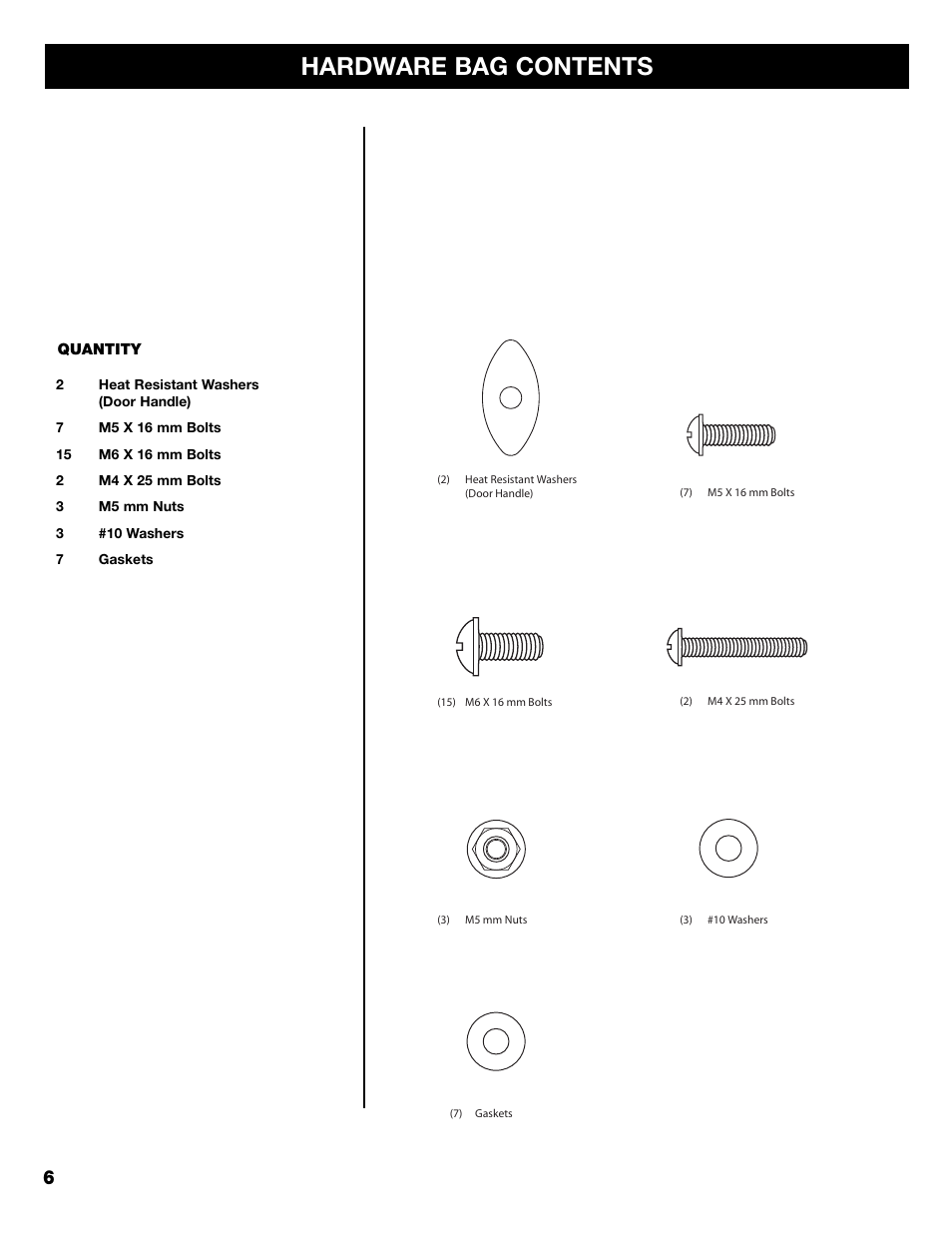 Hardware bag contents | Kenmore 125.15884801 User Manual | Page 6 / 40