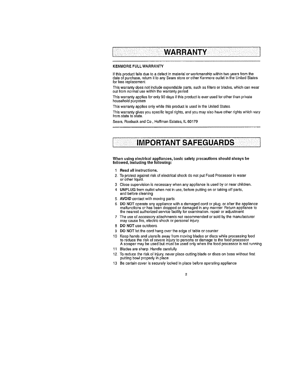 Warranty, Important safeguards | Kenmore 100.81002 User Manual | Page 2 / 14