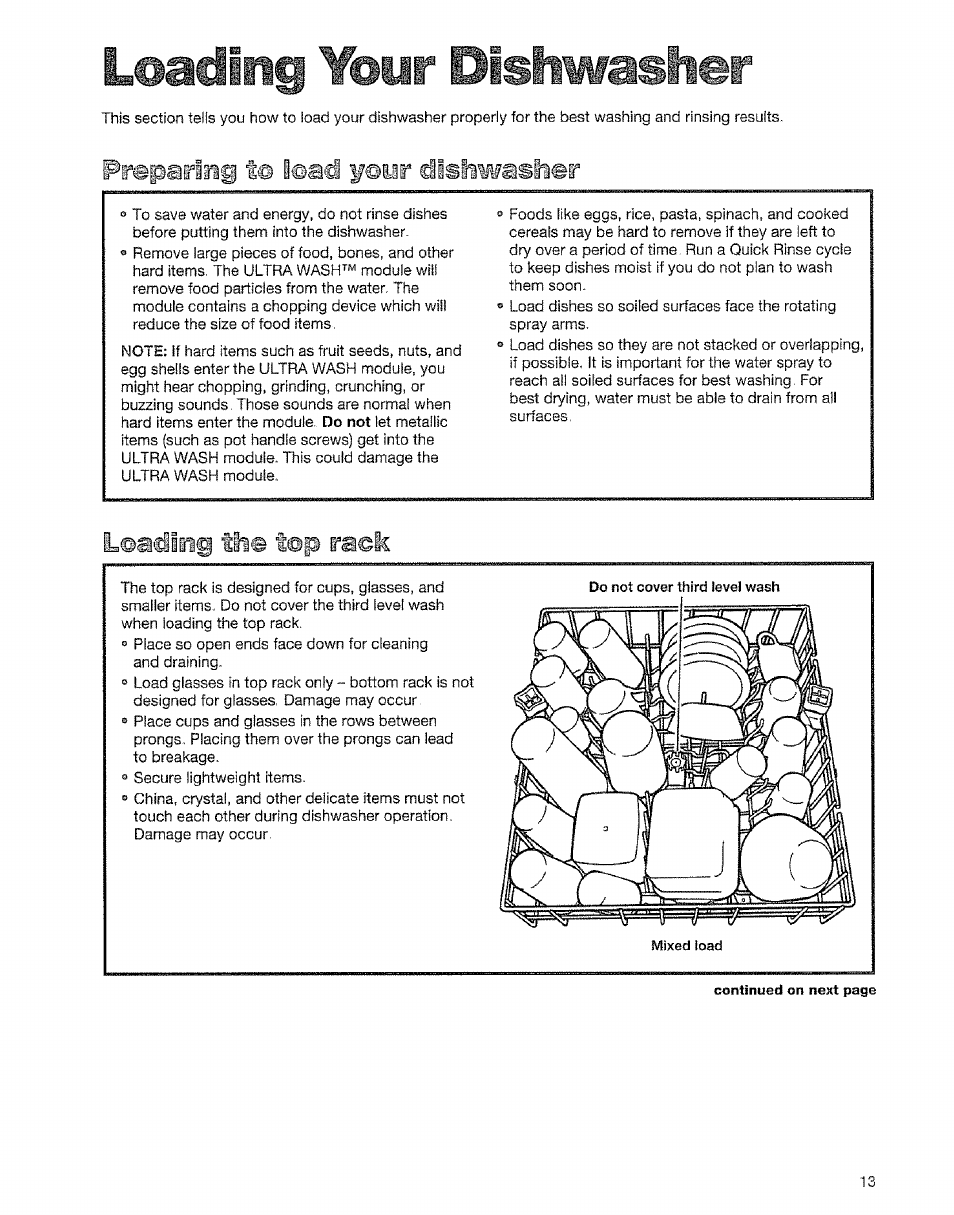 Leading yeur distiwasli©r, Prepaiiiig t© ¡©ad f©iir dishwasher, L©aciiiii the top raeic | Kenmore 15828 User Manual | Page 13 / 28