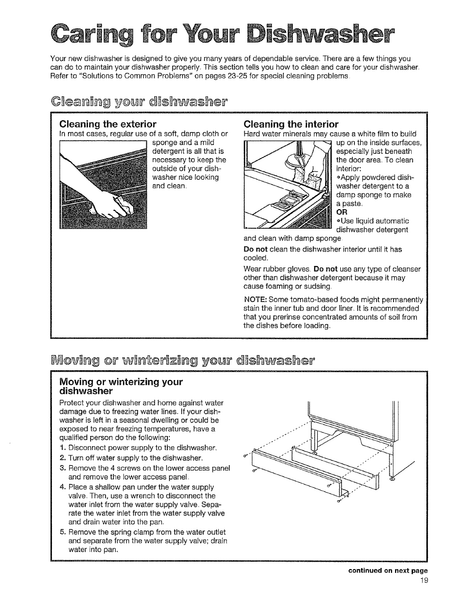Caring for y@iir bisliwasher, Oeani, Iishmiasiier | Cleaning the exterior, Cleaning the interior, Iiowiili ©r winterisinf f @иг disiwasher, Moving or winterizing your dishwasher, Iishmiasiier cleaning the exterior | Kenmore 15828 User Manual | Page 19 / 28