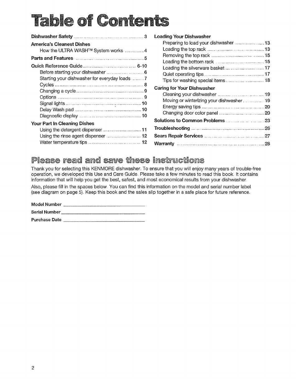 Ta^i© contents, Please read and sawe these iristrsio©tieiis | Kenmore 15828 User Manual | Page 2 / 28