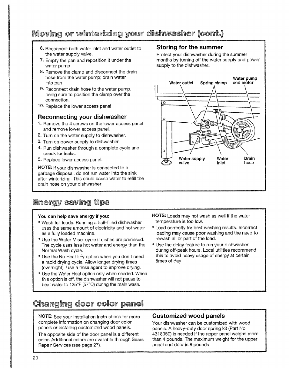 Üotins ©r pilnteriaiii f@ur dishwasher |e©nt j, Reconnecting your dishwasher, Storing for the summer | Inergf sawing tips, Oian§irii û©m ©@i©r panel, Customized wood panels, Energy saving tips | Kenmore 15828 User Manual | Page 20 / 28