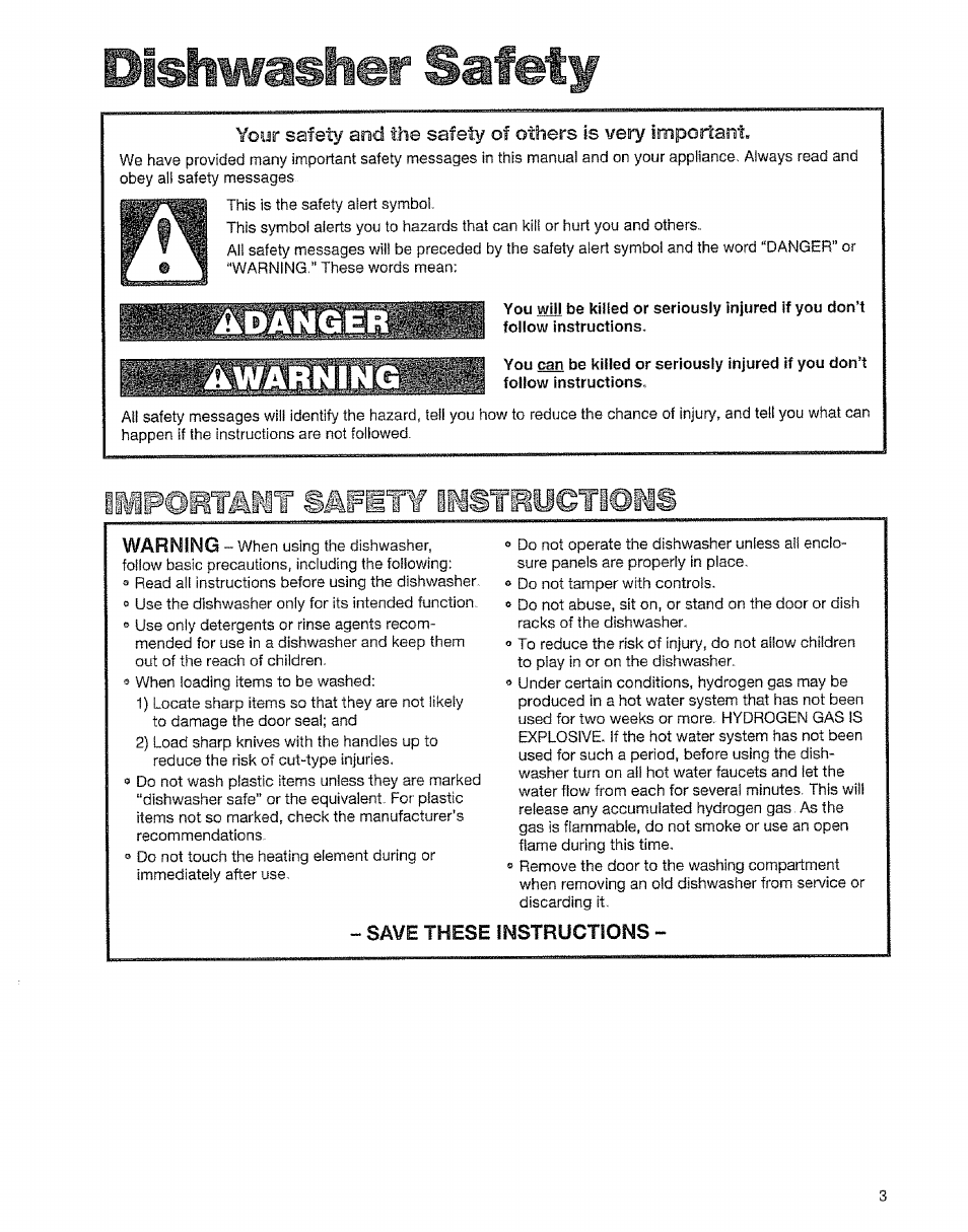 Save these instructions, Dishwasher safety, Warning | Kenmore 15828 User Manual | Page 3 / 28