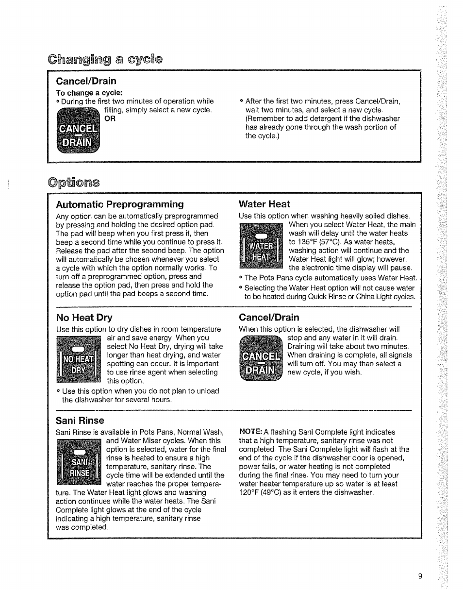 Cancel/drain, Cairel, Drain | Automatic preprogramming, No heat dry, Water heat, Sani rinse, Ctanging a e^cle cancel/drain, Pti@fis automatic preprogramming | Kenmore 15828 User Manual | Page 9 / 28