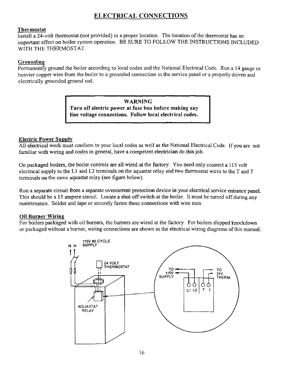 Thermostat, Grounding, Electric power supply | Oil burner wiring, Electrical connections | Kenmore 5EW1.75 User Manual | Page 18 / 41