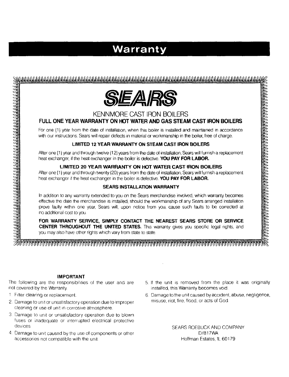 Warranty, Kennmore cast iron boilers | Kenmore 5EW1.75 User Manual | Page 19 / 41