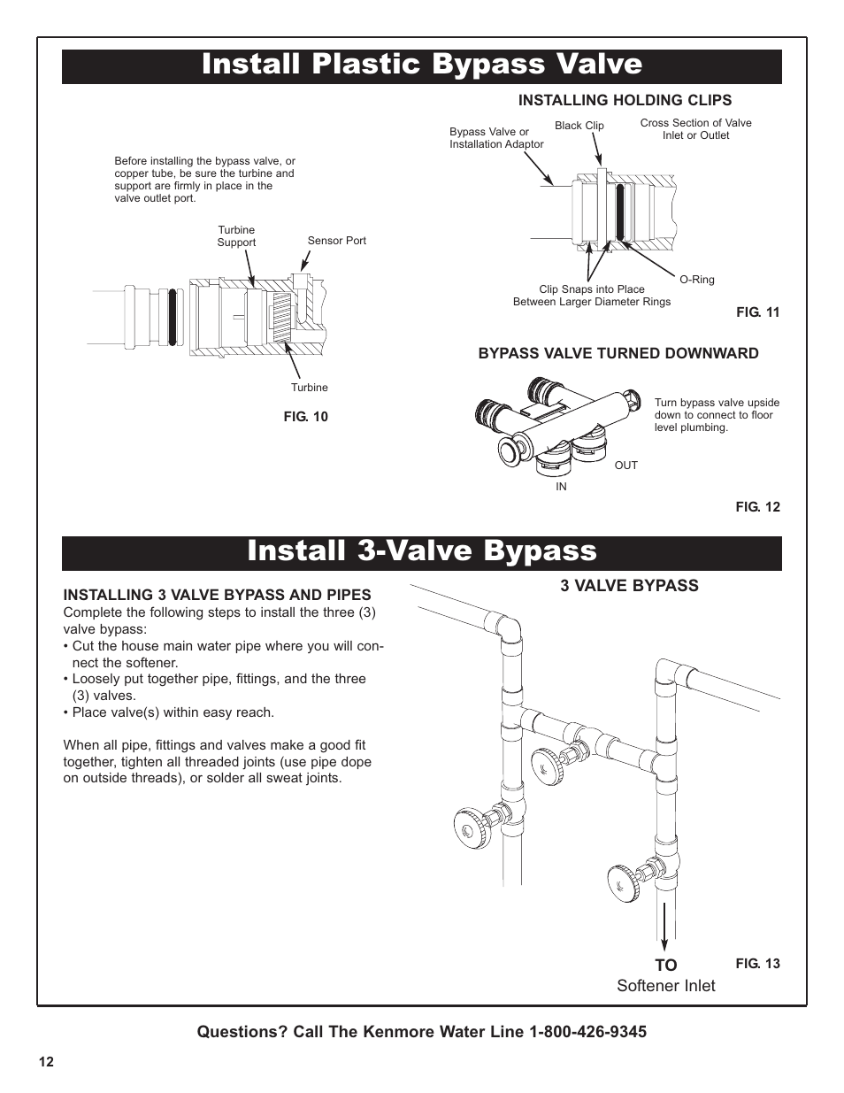 Install 3-valve bypass, Install plastic bypass valve | Kenmore 300 Series User Manual | Page 12 / 48
