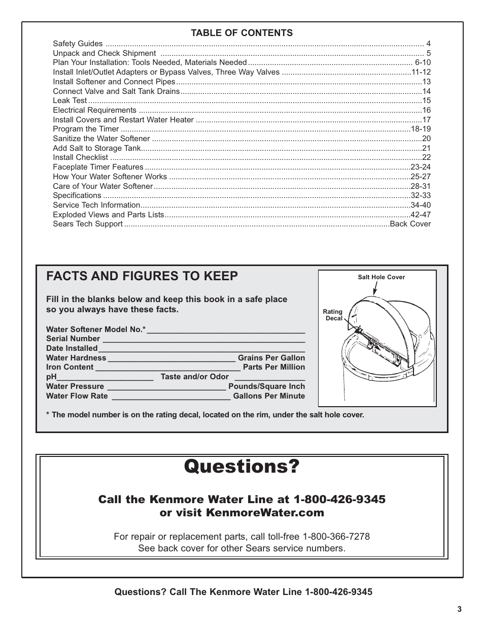 Questions, Facts and figures to keep | Kenmore 300 Series User Manual | Page 3 / 48